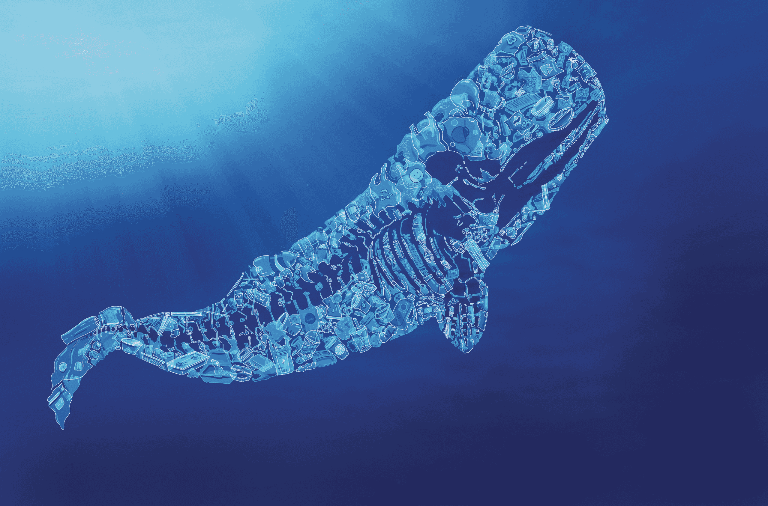 An artwork featuring a whale composed of outlined rubbish items, and a background that appears like it is underwater
