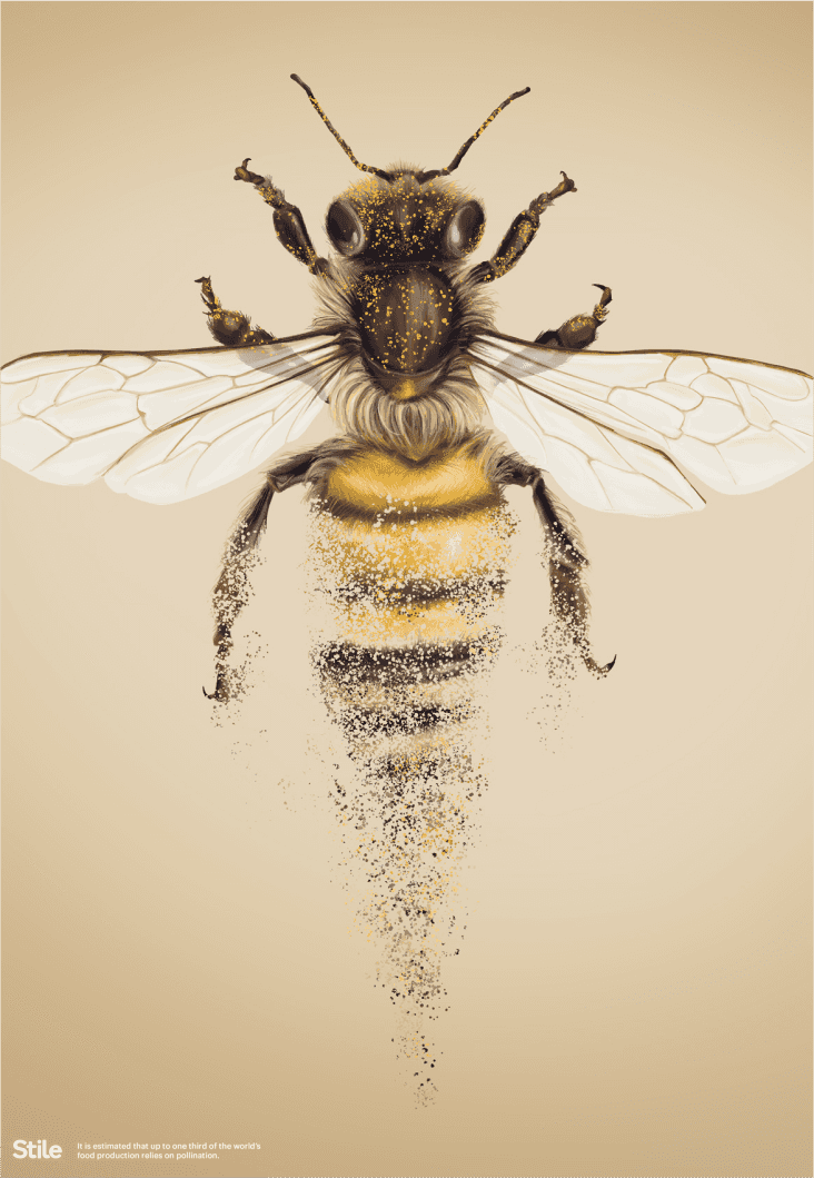An illustration of a lifelike bee, crumbling into dust