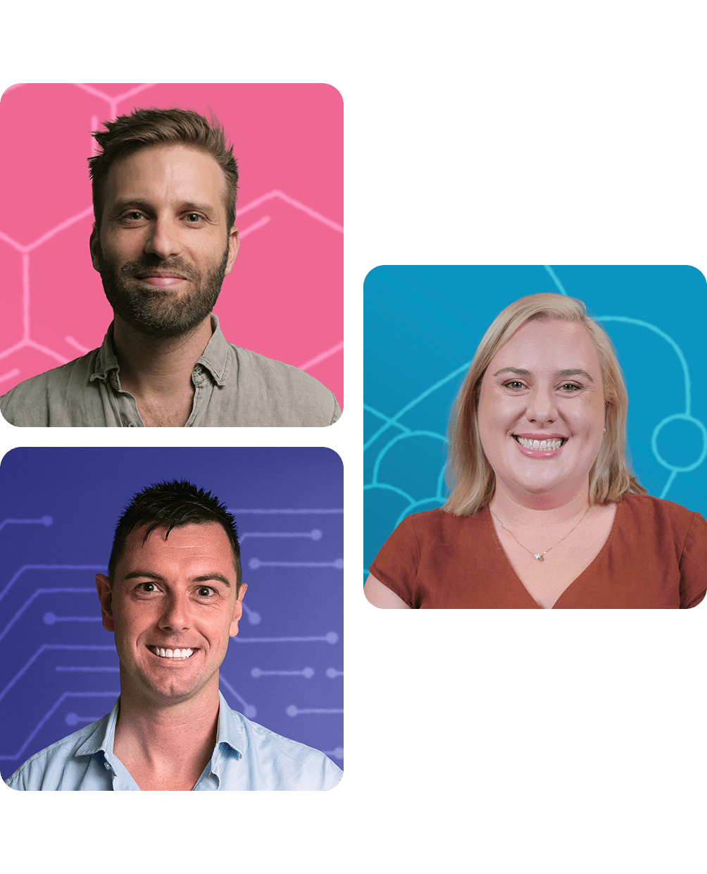 Three Stile team members against colorful science-themed backgrounds.