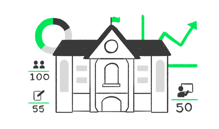 An illustration of a school building with various analytics symbols behind it