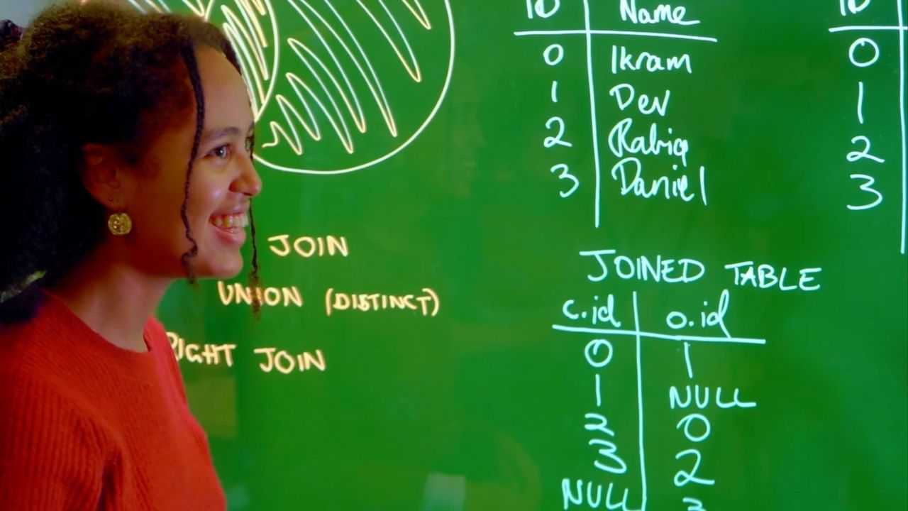 A Black, female engineer is standing in front of a diagram written on a clear board. The board is lit so the marker glows