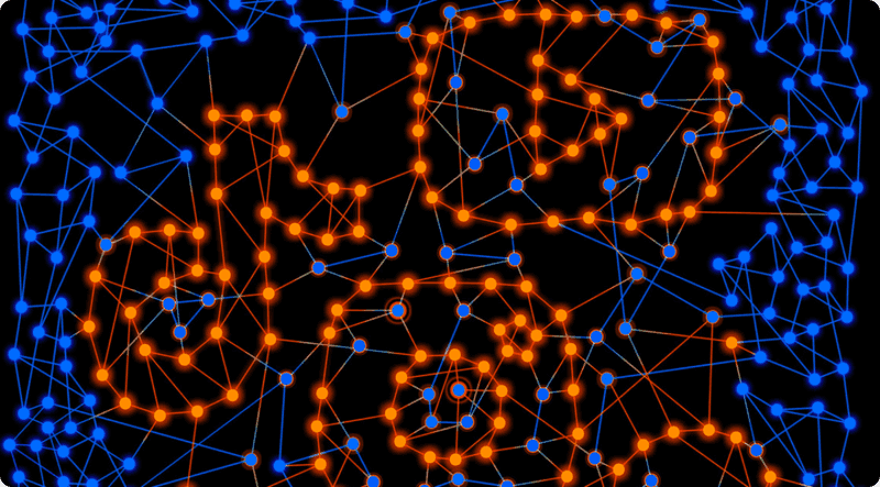 A network of colourful dots, most of which are blue, with orange ones connecting to form the shape of the logos of several popular social media platforms