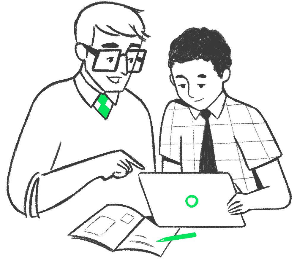 An illustration of a teacher explaining something to a student, who has a tablet and workbook