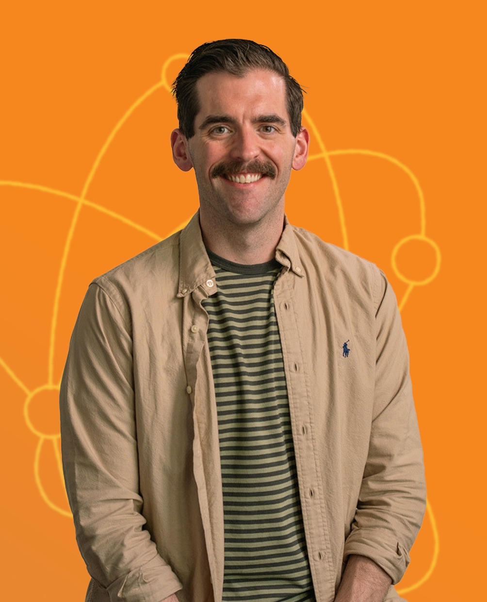 A Stile Teaching and Learning Specialist in a tan shirt, in front of an orange background with abstract atom patterns.