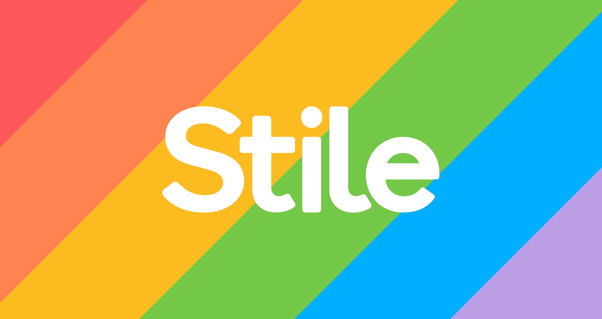 The Stile logo with a background of diagonal rainbow stripes