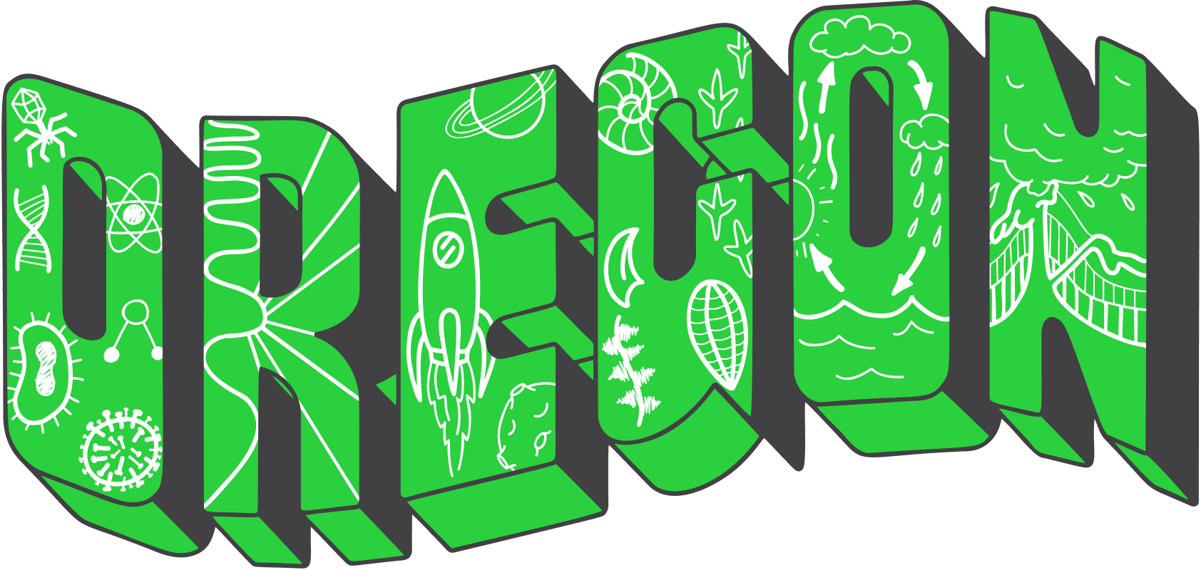 Logo text reading 'Oregon' in stylized font with science illustrations inside each letter.